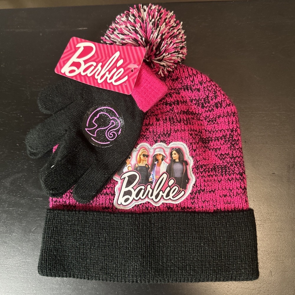 Barbie Beanie & Gloves Youth Pom Pink & Black 2 Piece Set